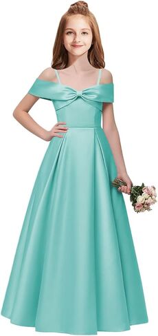 Junior Bridesmaid Dresses Satin Off Shoulder Flower Girl Dress A-Line Prom Dresses for Teen Girls Formal Dress with Bow in Saudi Arabia