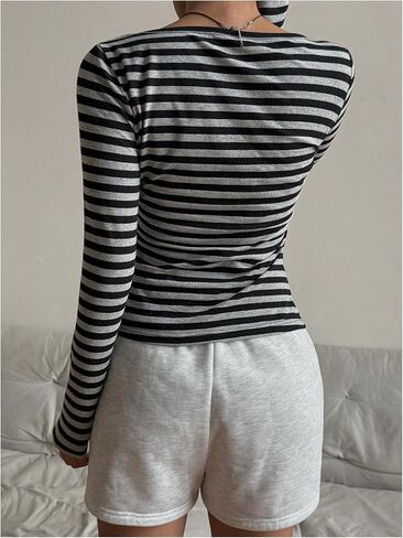 SweatyRocks Girl's Striped Long Sleeve Henley T Shirts Casual Slim Fitted Knitted Tee Tops in Saudi Arabia