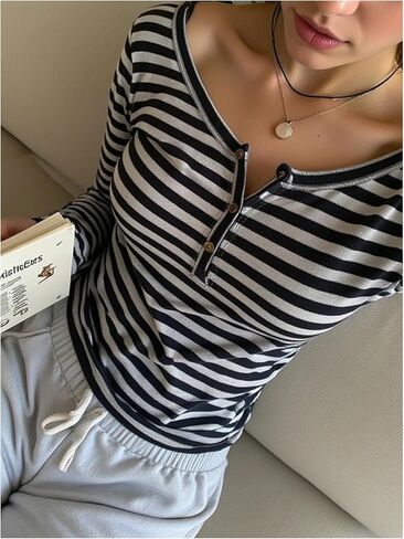 SweatyRocks Girl's Striped Long Sleeve Henley T Shirts Casual Slim Fitted Knitted Tee Tops in Saudi Arabia