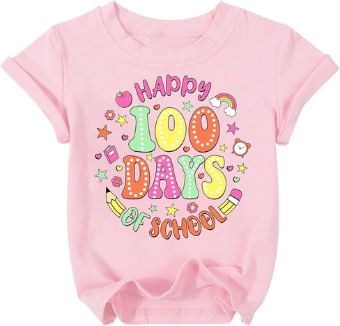 تي شيرت 100 يوم من المدرسة للفتيات والأولاد Happy 100th Day تي شيرت للأطفال الصغار برسومات لطيفة وأكمام قصيرة in Kuwait