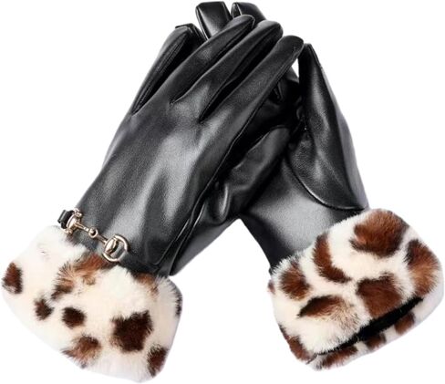 Women Leather Gloves Winter Pu Leopard Print Frayed Metal Horseshoe Buckle Fleece Lining For Warmth While Driving in Saudi Arabia