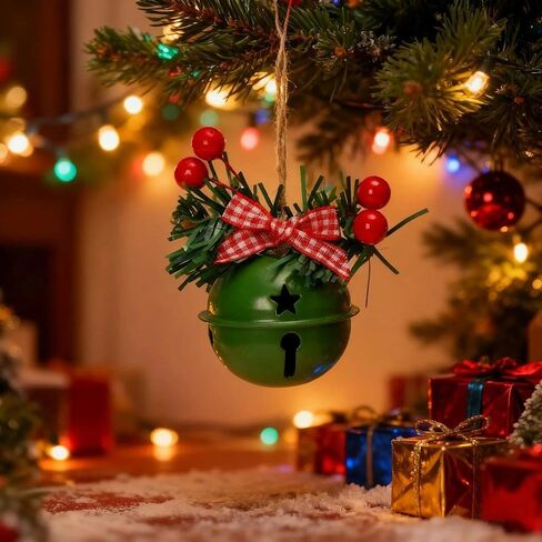 Christmas Bell Ornament with Red Berries & Plaid Bow – Hanging Trumpet/Round Bell Decoration for Christmas Tree, Door, Home, Office, Holiday Party Décor (4.5×6.6cm)(Trumpet White) in Saudi Arabia