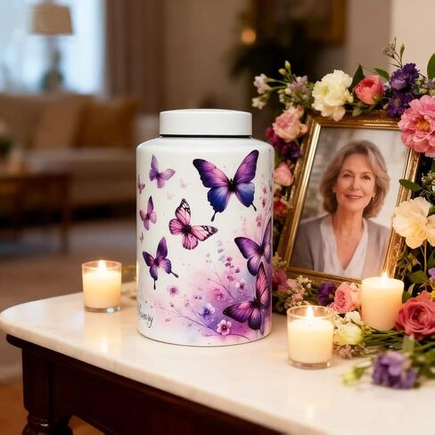 Large Cremation Urn for Adult Female Male Ashes, Decorative Funeral Keepsake Memorial Urns for Human Women Man Mom Dad Remains with Velvet Bag(Heavenly Butterfly) in Kuwait