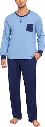 SWOMOG Mens Pajamas Set Long Sleeve Mens Sleepwear Pj Sets Henley Shirts and Pants Soft 2 Pcs Lounge Sets with Pockets in Saudi Arabia