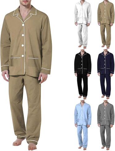Men's Pajama Sets Button Down Soft Pajamas Long Sleeve Lightweight Pj Sleepwear Loungwear Comfy Sleep Set With Pocket in Saudi Arabia