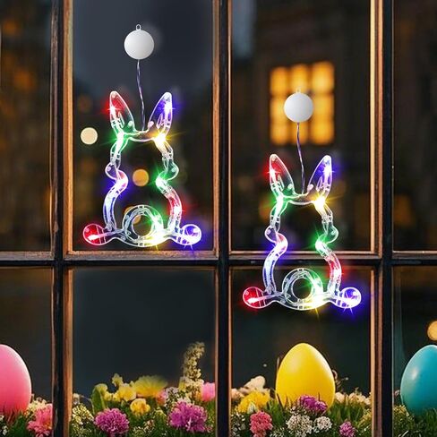 أضواء نافذة عيد الفصح لديكورات عيد الفصح في الأماكن المغلقة، أضواء النوافذ المعلقة تعمل بالبطارية متعددة الألوان مضاءة على شكل أرنب البيض مصباح LED لعطلة 2025 ديكور المنزل الداخلي (متعدد الألوان) in Kuwait