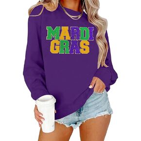 PECHAR Mardi Gras Outfit for Women: Mardi Gras Embroidery Sweatshirt New Orleans Party Carnival Long Sleeve Tees Tops in Kuwait