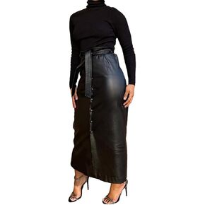Faux PU Leather Maxi Long Skirt with Belt, Women Button Down Slit Skirt in Saudi Arabia