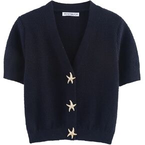 Women's Half Sleeve Sweater Knit Top Deep V Neck Button Down Fall Crop Knitted Sweaters in Saudi Arabia