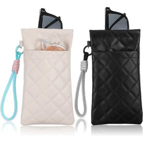 2PCS Double Glasses Case Soft, Sunglass Pouch with Strap, Soft Eyeglass Cases for Women Squeeze Top Sunglasses Organizer (White Black) in Kuwait