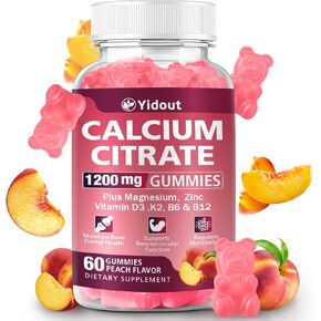 صمغ سيترات الكالسيوم 1200 مجم للحفاظ على صحة العظام/الأسنان، يدعم العضلات والمناعة، مكمل كالسيوم عالي الامتصاص للبالغين، نكهة الخوخ (60 قطعة (عبوة من 1)) in Kuwait