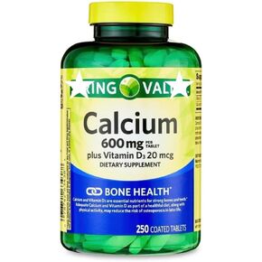 أقراص الكالسيوم بالإضافة إلى فيتامين د، مكمل غذائي، من سبرينج - فالي بون هيلث، فيتامين د3 20 ميكروجرام، 600 مجم، 250 قطعة. in Kuwait