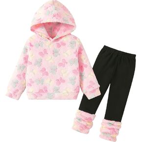 Girls 2 Piece Brown Sweatsuit Kids Outfits Sweatsuit Print Fuzzy Hoodie Sweatshirt Sweatpant Kids Clothing Sets Cute in Saudi Arabia
