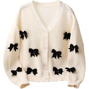 Girl's Cute Bow Cardigan Sweater Button Up V Neck Long Sleeve Fall Cardigans Knitwear in Saudi Arabia