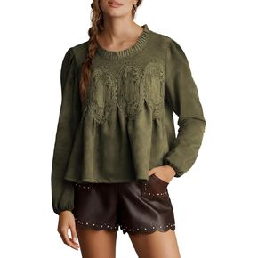 Women's Faux Suede Lace Poplin Mesh Peplum Babydoll Tops Long Puff Sleeves Crew Neck Flared Swing Blouse Shirts in Saudi Arabia