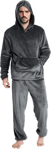 2 Piece Lounge Set Flannel Pajamas for Men Winter Warm Cozy Pjs Sleepwear Hoodies Tops Lounge Pants Loungewear in Saudi Arabia