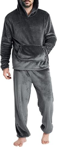 2 Piece Lounge Set Flannel Pajamas for Men Winter Warm Cozy Pjs Sleepwear Hoodies Tops Lounge Pants Loungewear in Saudi Arabia