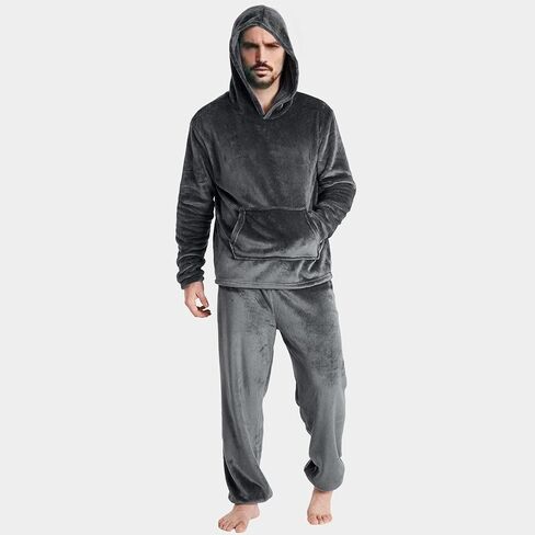 2 Piece Lounge Set Flannel Pajamas for Men Winter Warm Cozy Pjs Sleepwear Hoodies Tops Lounge Pants Loungewear in Saudi Arabia