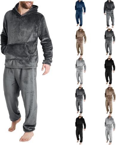 2 Piece Lounge Set Flannel Pajamas for Men Winter Warm Cozy Pjs Sleepwear Hoodies Tops Lounge Pants Loungewear in Saudi Arabia