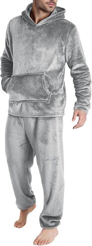 2 Piece Lounge Set Flannel Pajamas for Men Winter Warm Cozy Pjs Sleepwear Hoodies Tops Lounge Pants Loungewear in Saudi Arabia