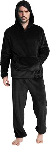 2 Piece Lounge Set Flannel Pajamas for Men Winter Warm Cozy Pjs Sleepwear Hoodies Tops Lounge Pants Loungewear in Saudi Arabia