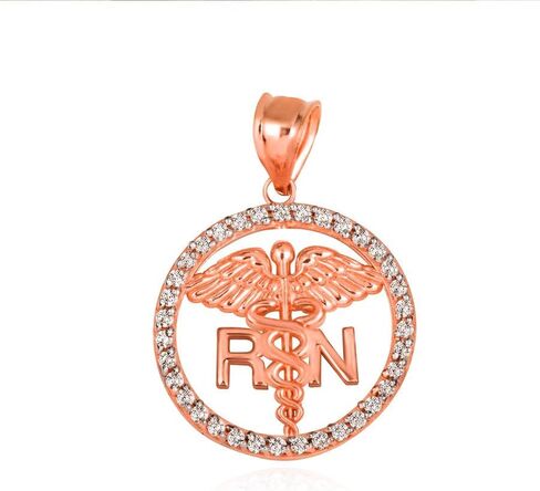 10 قيراط أو 14 قيراط من الذهب الأصفر أو الأبيض أو الوردي 1-1/10 بوصة Caduceus RN Charm قلادة ممرضة مسجلة مستديرة CZ - اختيار اللون المعدني in Saudi Arabia