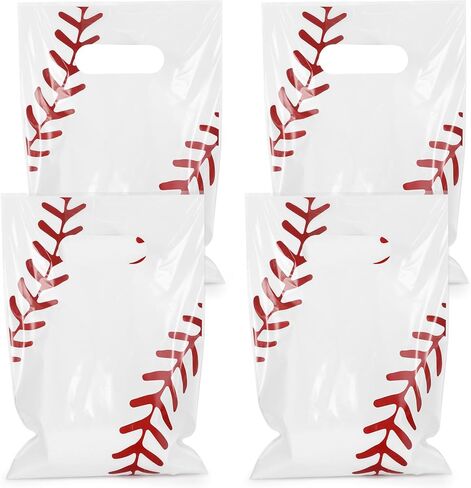 Fowecelt 100 PCS Baseball Goodie Bags, Baseball Party Gift Bags with Handles Treat Plastic Candy Snack for Kids Sports Events Game Day Team Birthday Party Favors Supplies, White in Kuwait