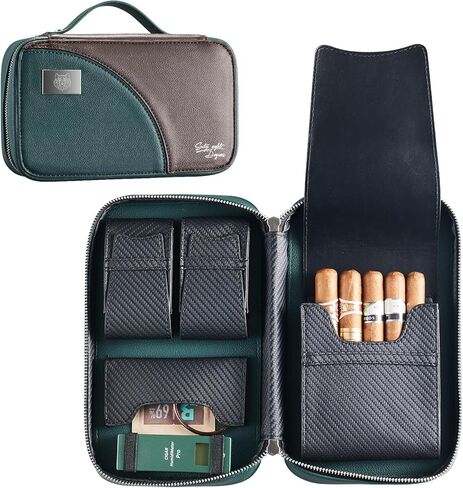Leather Travel Cigar Case for 5 Cigars，Hard Shell Humidor with 3 Pockets & Phone Compartment，Full Grain Leather Portable Pouch for Men，Gifts for Cigar Lovers(Green) in Saudi Arabia