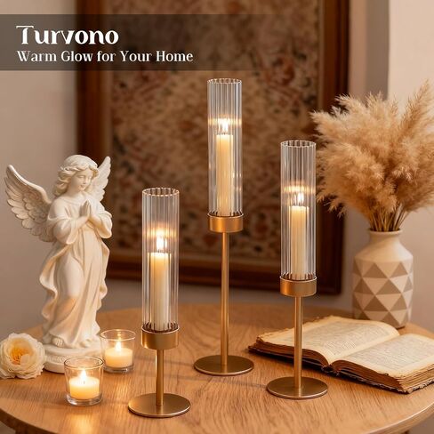 Gold Hurricane Candle Holders Set of 3, Brass Taper Candle Holders for Candlesticks, Elegant Tall Candle Sticks Holder Decor for Table Centerpiece, Wedding & Christmas Decorations in Saudi Arabia