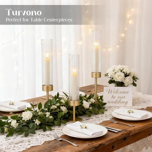 Gold Hurricane Candle Holders Set of 3, Brass Taper Candle Holders for Candlesticks, Elegant Tall Candle Sticks Holder Decor for Table Centerpiece, Wedding & Christmas Decorations in Saudi Arabia