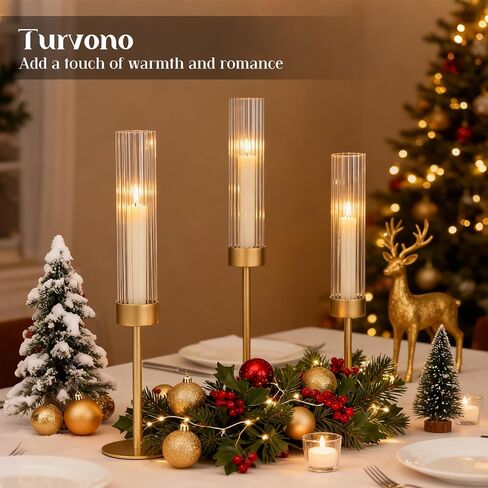 Gold Hurricane Candle Holders Set of 3, Brass Taper Candle Holders for Candlesticks, Elegant Tall Candle Sticks Holder Decor for Table Centerpiece, Wedding & Christmas Decorations in Saudi Arabia
