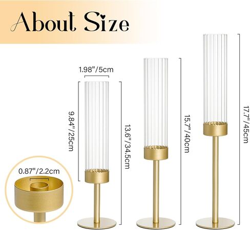 Gold Hurricane Candle Holders Set of 3, Brass Taper Candle Holders for Candlesticks, Elegant Tall Candle Sticks Holder Decor for Table Centerpiece, Wedding & Christmas Decorations in Saudi Arabia