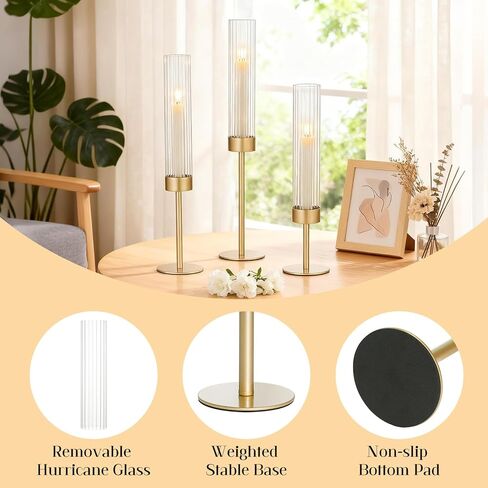 Gold Hurricane Candle Holders Set of 3, Brass Taper Candle Holders for Candlesticks, Elegant Tall Candle Sticks Holder Decor for Table Centerpiece, Wedding & Christmas Decorations in Saudi Arabia