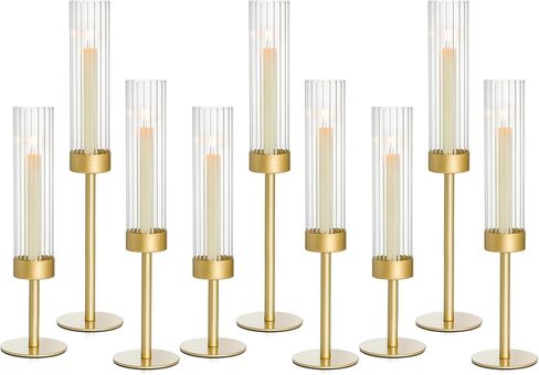 Gold Hurricane Candle Holders Set of 3, Brass Taper Candle Holders for Candlesticks, Elegant Tall Candle Sticks Holder Decor for Table Centerpiece, Wedding & Christmas Decorations in Saudi Arabia