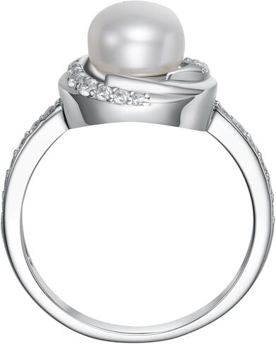White Pearl Sterling Silver Ring with AAAAA Cubic Zirconia 18K White Gold Plated Elegant Jewelry Gift for Women - Available in Sizes 6 7 8 Ideal for Mother’s Day Birthdays and Anniversaries in Saudi Arabia