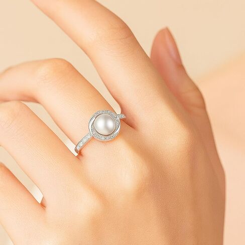 White Pearl Sterling Silver Ring with AAAAA Cubic Zirconia 18K White Gold Plated Elegant Jewelry Gift for Women - Available in Sizes 6 7 8 Ideal for Mother’s Day Birthdays and Anniversaries in Saudi Arabia