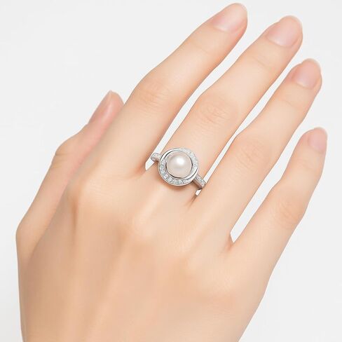 White Pearl Sterling Silver Ring with AAAAA Cubic Zirconia 18K White Gold Plated Elegant Jewelry Gift for Women - Available in Sizes 6 7 8 Ideal for Mother’s Day Birthdays and Anniversaries in Saudi Arabia