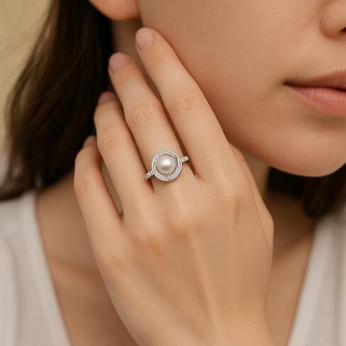 White Pearl Sterling Silver Ring with AAAAA Cubic Zirconia 18K White Gold Plated Elegant Jewelry Gift for Women - Available in Sizes 6 7 8 Ideal for Mother’s Day Birthdays and Anniversaries in Saudi Arabia