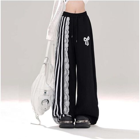 Womens Baggy Wide Leg Sweatpants with Lace Bow and Striped Lace, Y2K Grunge Drawstring Waist Pants with Pockets in Saudi Arabia
