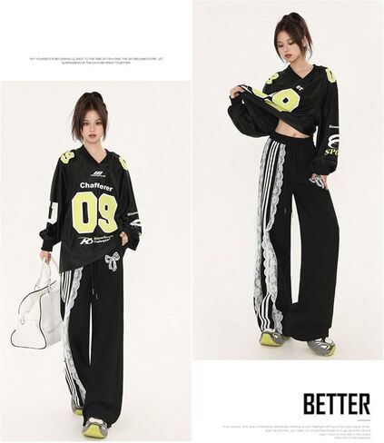 Womens Baggy Wide Leg Sweatpants with Lace Bow and Striped Lace, Y2K Grunge Drawstring Waist Pants with Pockets in Saudi Arabia