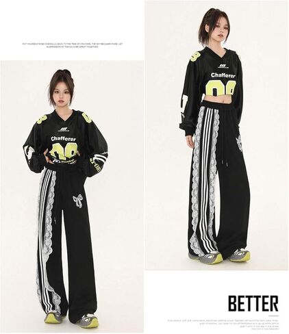 Womens Baggy Wide Leg Sweatpants with Lace Bow and Striped Lace, Y2K Grunge Drawstring Waist Pants with Pockets in Saudi Arabia