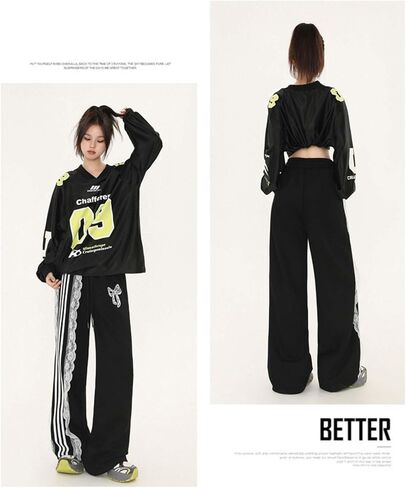 Womens Baggy Wide Leg Sweatpants with Lace Bow and Striped Lace, Y2K Grunge Drawstring Waist Pants with Pockets in Saudi Arabia