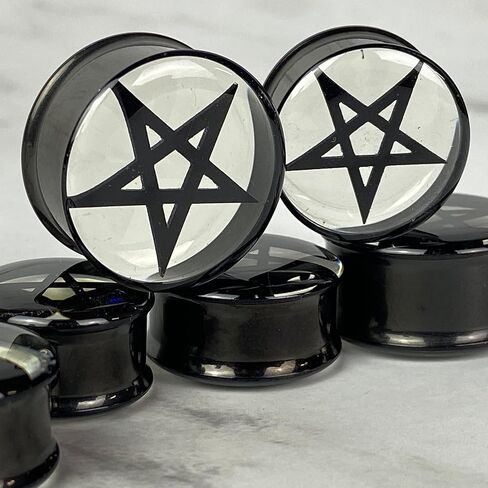 Mystic Metals Body Jewelry Pair of Black Embedded Pentagram in Clear Resin Plugs (MTO-066) in Saudi Arabia
