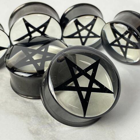 Mystic Metals Body Jewelry Pair of Black Embedded Pentagram in Clear Resin Plugs (MTO-066) in Saudi Arabia