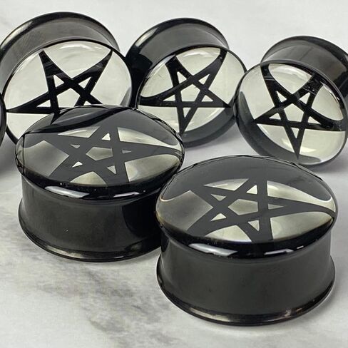 Mystic Metals Body Jewelry Pair of Black Embedded Pentagram in Clear Resin Plugs (MTO-066) in Saudi Arabia