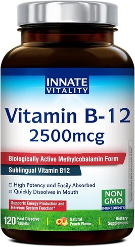 Innate Vitality Vitamin B12 2500mcg، ميثيل كوبالامين تحت اللسان، قوة إضافية لاستقلاب الطاقة، الوضوح العقلي، صحة الجهاز العصبي، نكهة الخوخ، خالي من السكر، 120 قرص سريع الذوبان in Kuwait