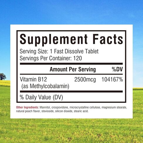 Innate Vitality Vitamin B12 2500mcg، ميثيل كوبالامين تحت اللسان، قوة إضافية لاستقلاب الطاقة، الوضوح العقلي، صحة الجهاز العصبي، نكهة الخوخ، خالي من السكر، 120 قرص سريع الذوبان in Kuwait