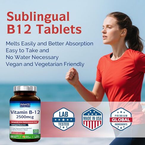 Innate Vitality Vitamin B12 2500mcg، ميثيل كوبالامين تحت اللسان، قوة إضافية لاستقلاب الطاقة، الوضوح العقلي، صحة الجهاز العصبي، نكهة الخوخ، خالي من السكر، 120 قرص سريع الذوبان in Kuwait