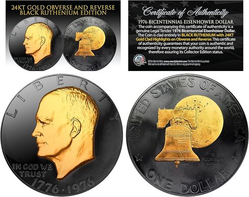 Black Ruthenium 2-Sided 1976 Bicentennial Eisenhower Dollar with 24KT Gold Clad Highlights Obverse & Reverse in Saudi Arabia