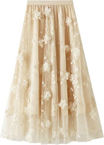 Womens Floral Tulle Skirts High Waisted A-Line Mesh Skirt Embroidery Layered Fairy Skirts Party Casual Outfits in Saudi Arabia